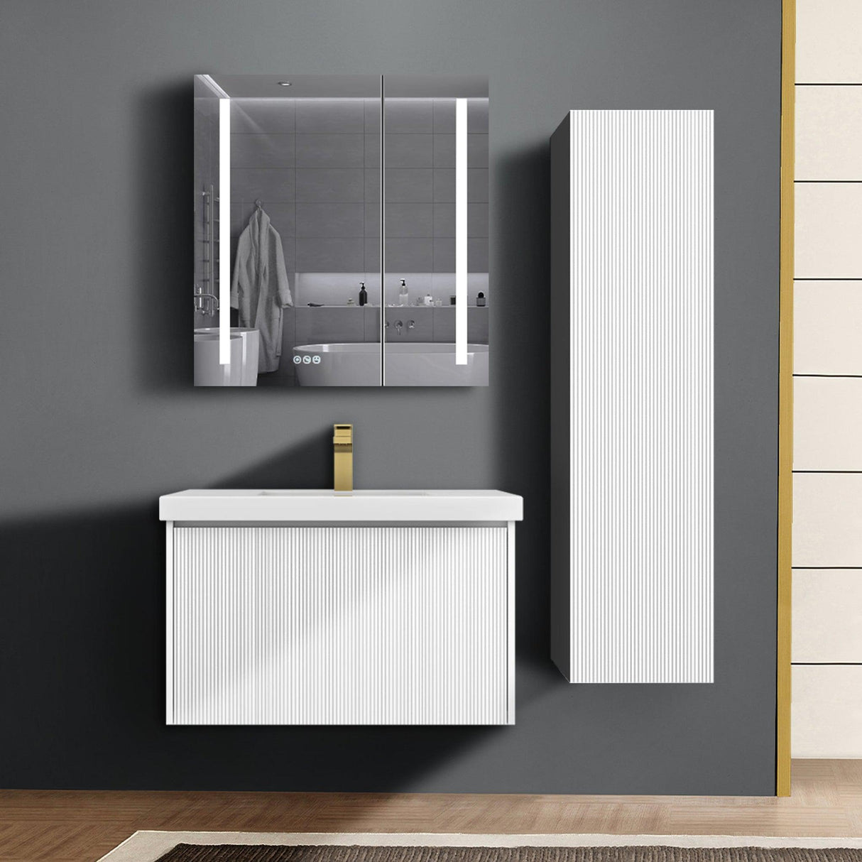 Blossom Positano 12" x 10" x 48" 1-Door Matte White Wall-Mounted Side Cabinet With 1 Fixed Wood Shelve and 2 Adjustable Glass Shelves