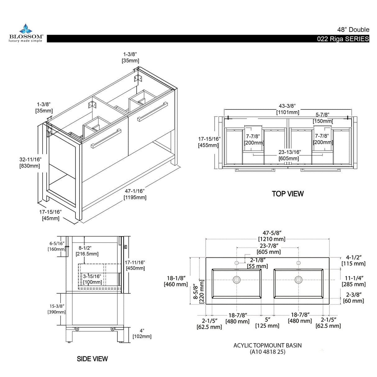 Blossom Riga 48" 2-Drawer Metal Gray Freestanding Vanity Set With Acrylic Drop-In Double Sinks