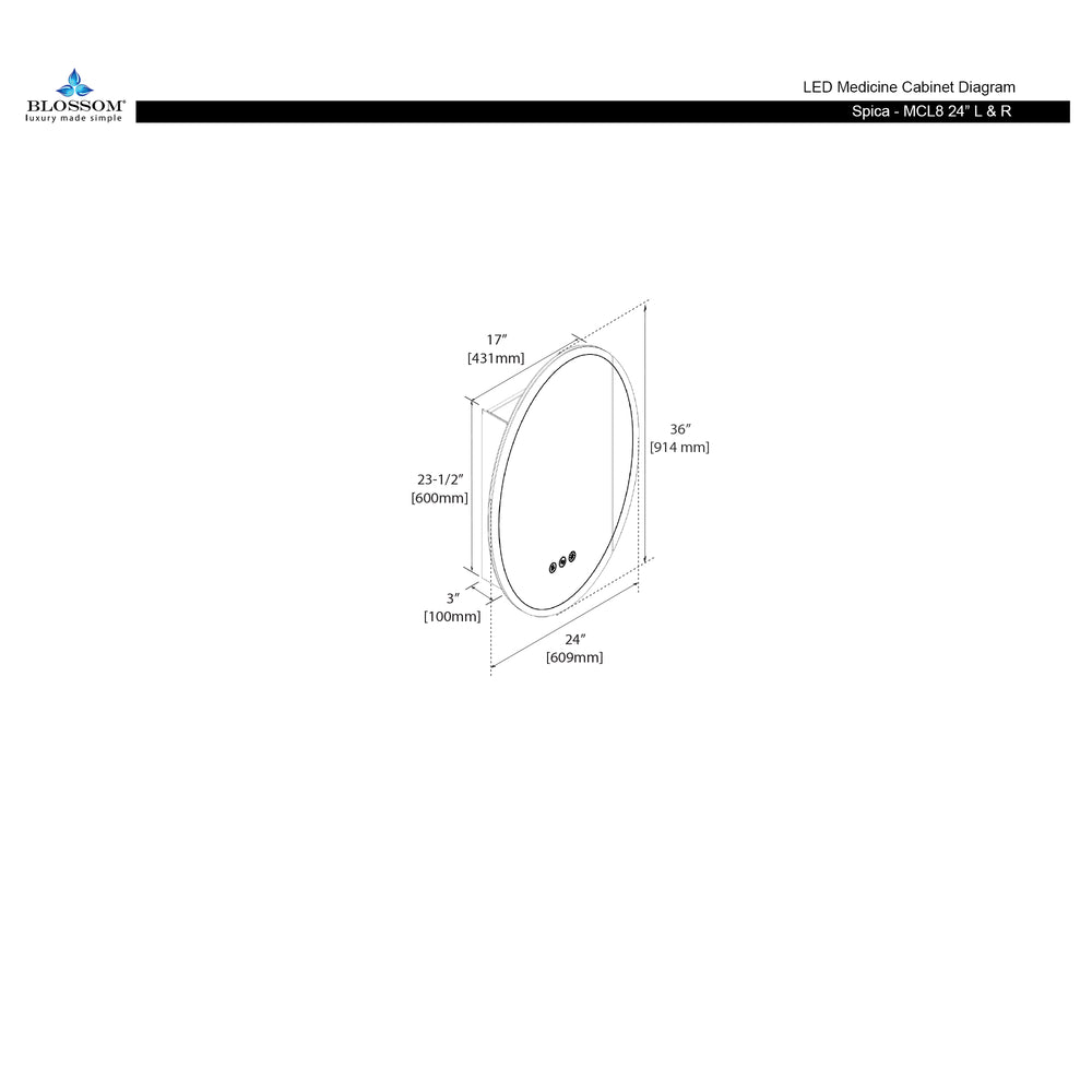 Blossom Spica 24" x 36" Oval Inside LED Light on Door Medicine Cabinet Right