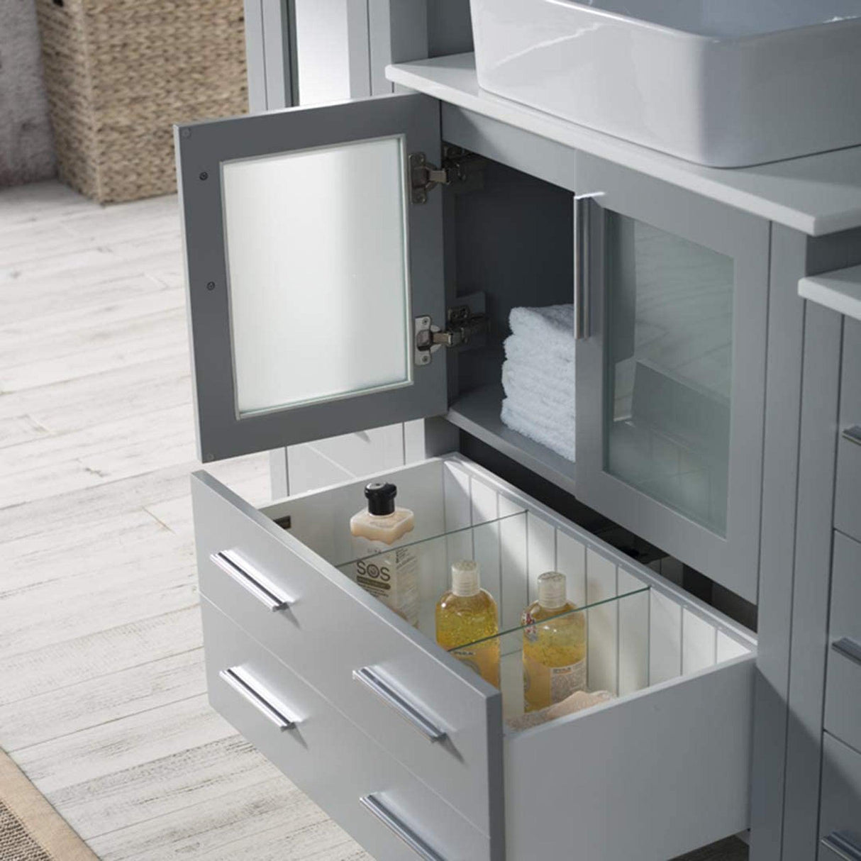 Blossom Sydney 102" Metal Gray Freestanding Vanity With Ceramic Double Vessel Sinks and Mirror