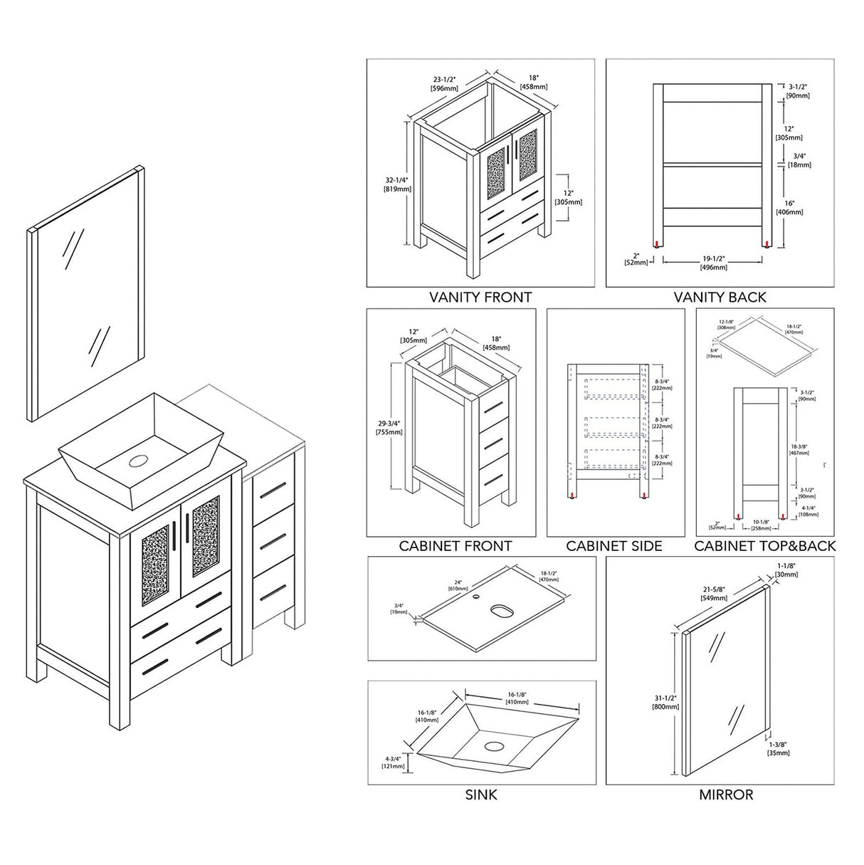 Blossom Sydney 36" Metal Gray Freestanding Vanity Set With Ceramic Vessel Single Sink, Mirror and Side Cabinet