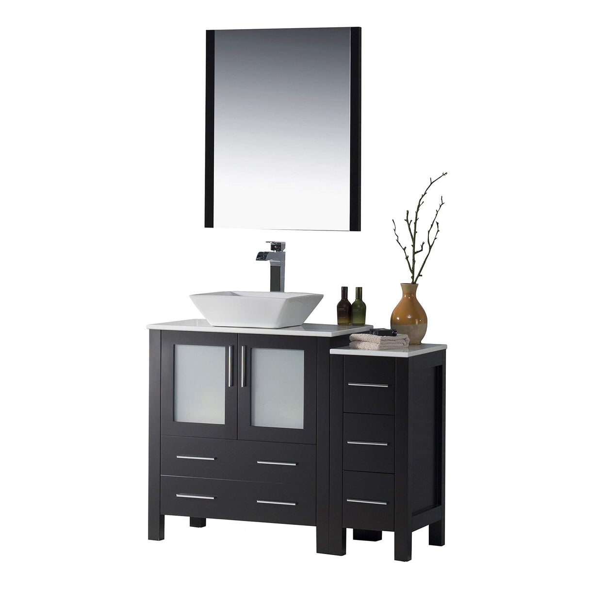 Blossom Sydney 42" Espresso Freestanding Vanity Set With Ceramic Vessel Single Sink, Mirror and Side Cabinet