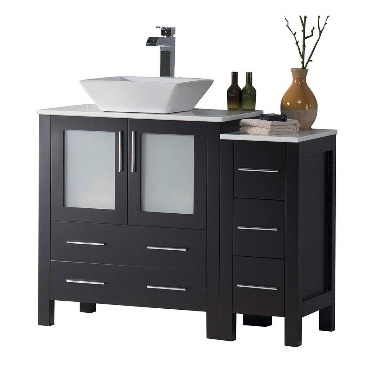 Blossom Sydney 42" Espresso Freestanding Vanity Set With Integrated Single Sink Ceramic Top, Mirror and Side Cabinet