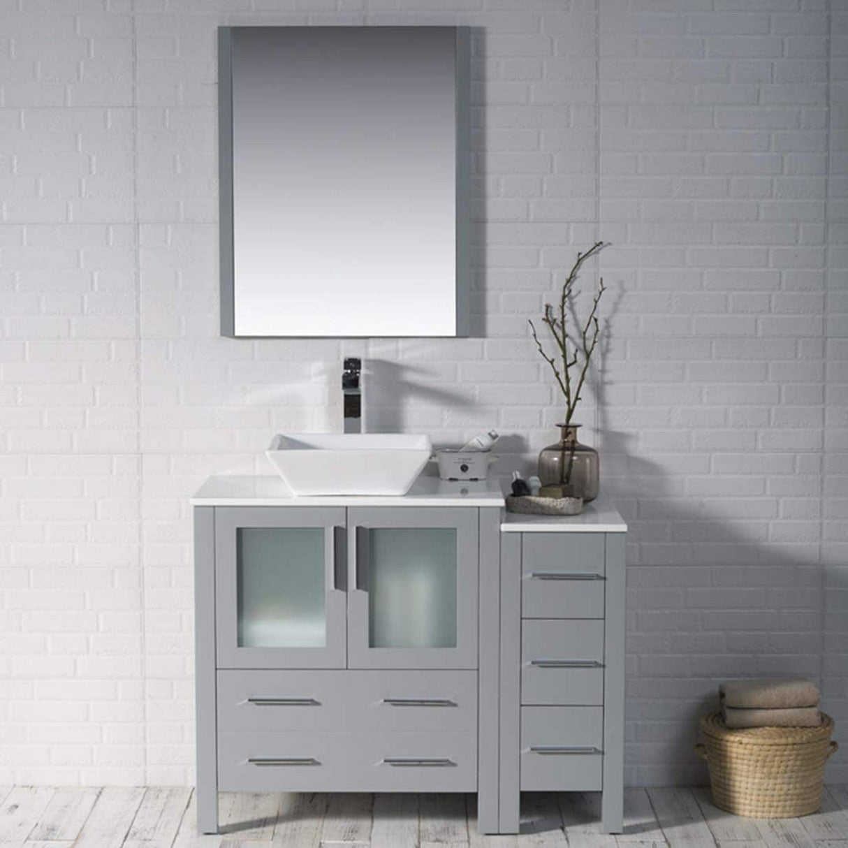 Blossom Sydney 42" Metal Gray Freestanding Vanity Set With Ceramic Vessel Single Sink, Mirror and Side Cabinet