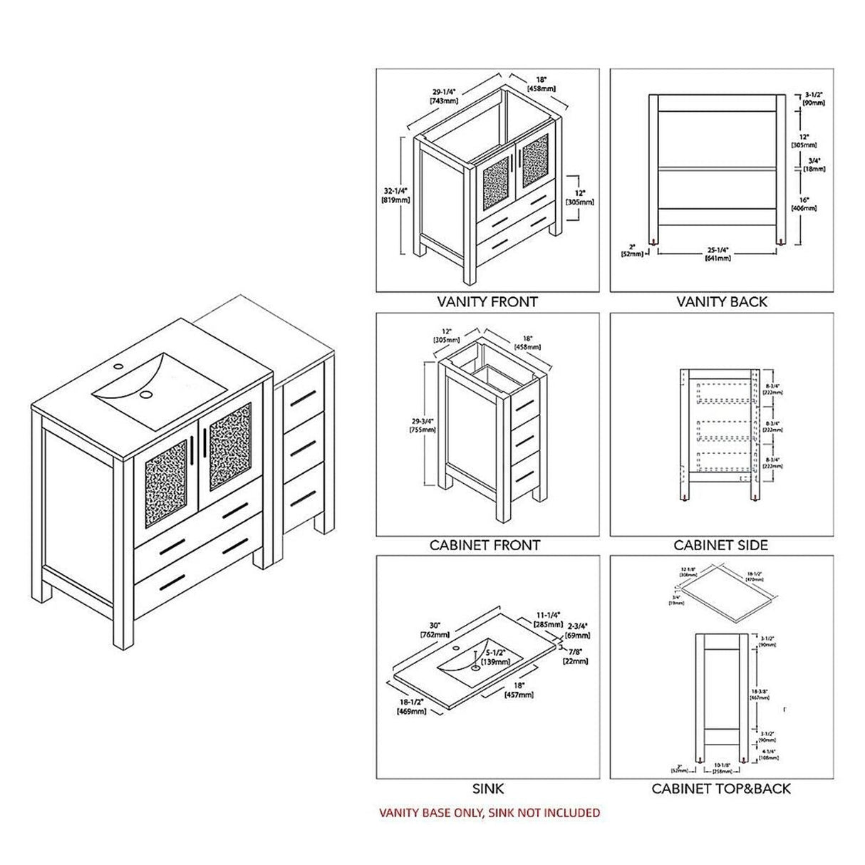 Blossom Sydney 42" White Freestanding Vanity Base With Side Cabinet