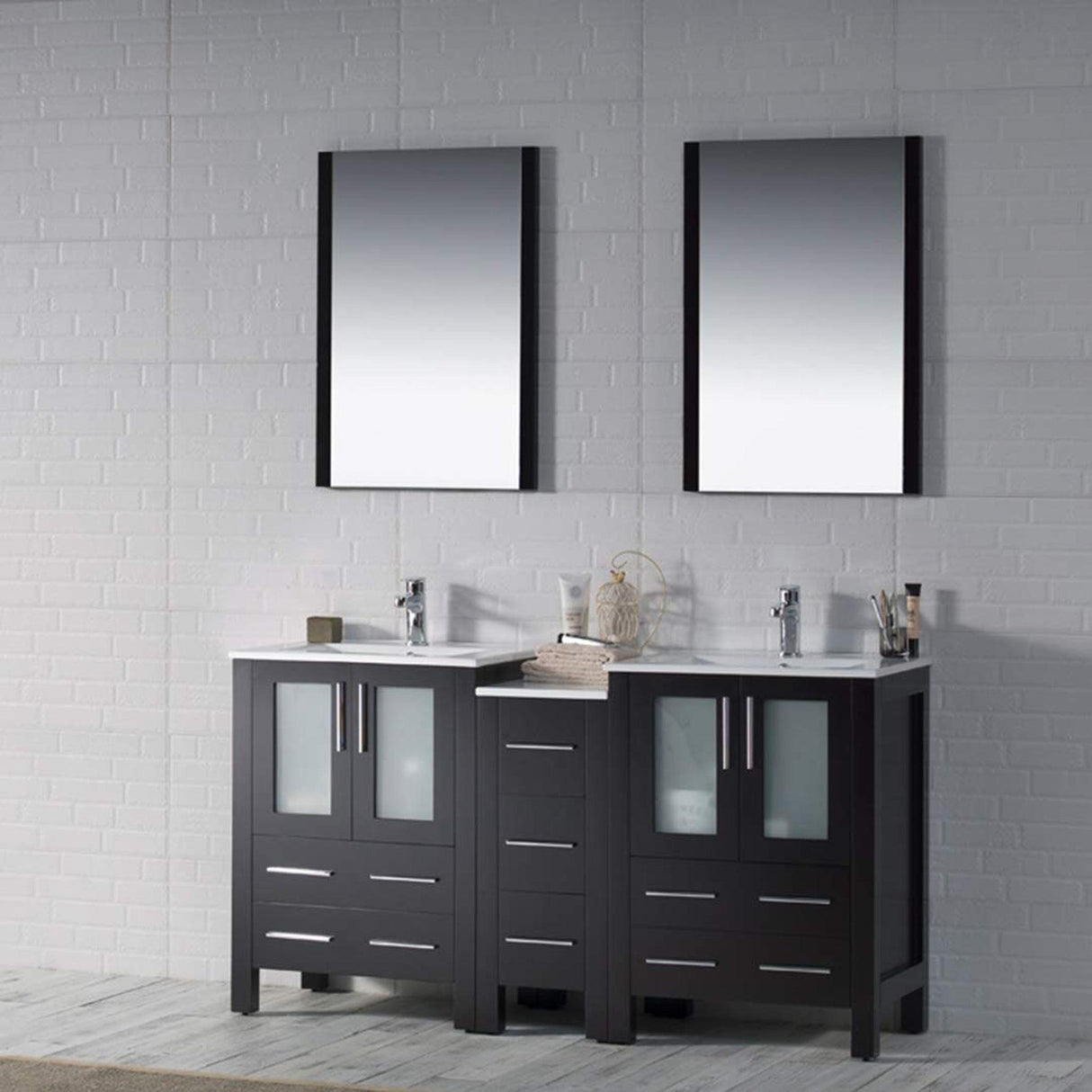 Blossom Sydney 60" Espresso Freestanding Vanity Set With Integrated Double Sink Ceramic Top, Mirror and Side Cabinet