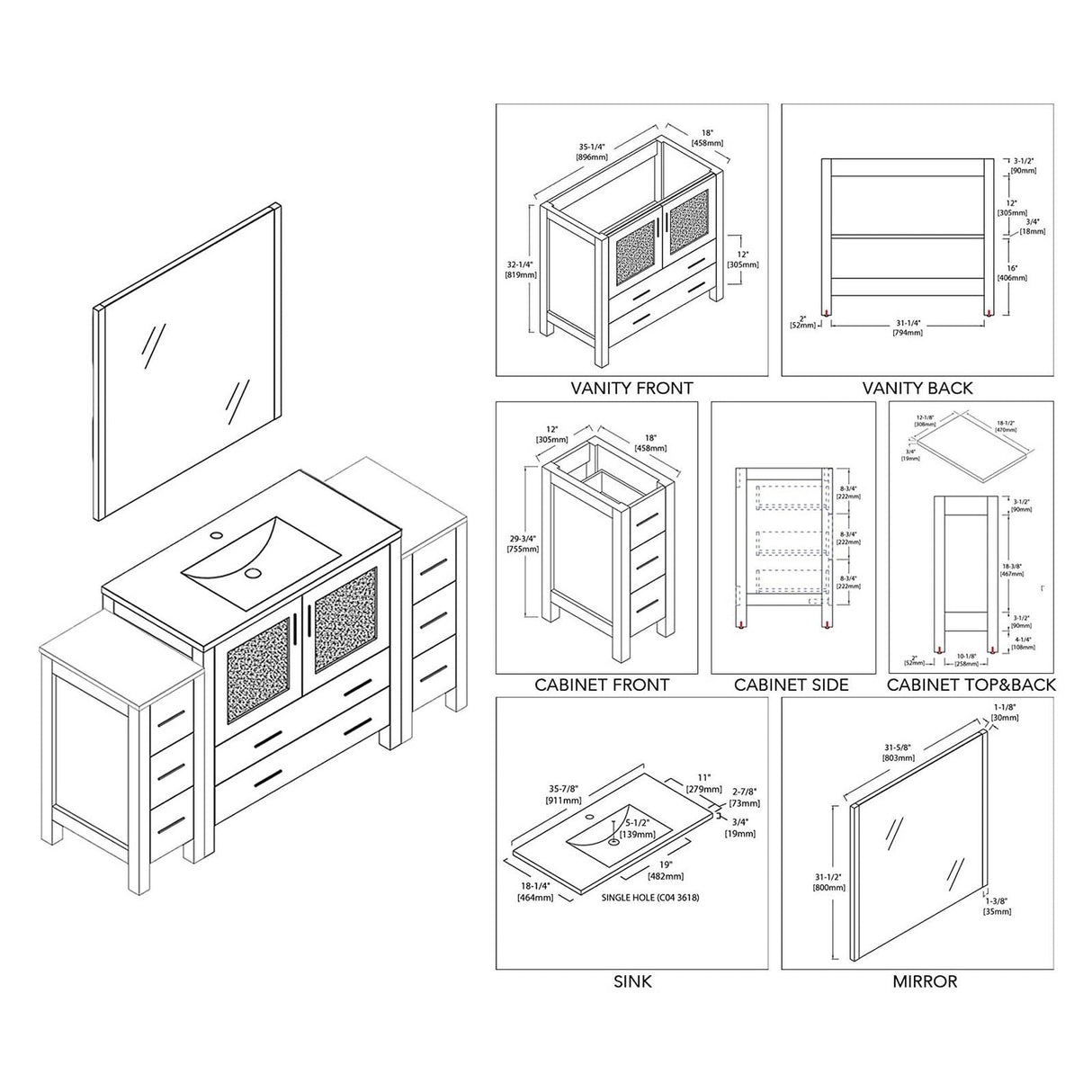 Blossom Sydney 60" Espresso Freestanding Vanity Set With Integrated Double Sink Ceramic Top, Mirror and Two Side Cabinet