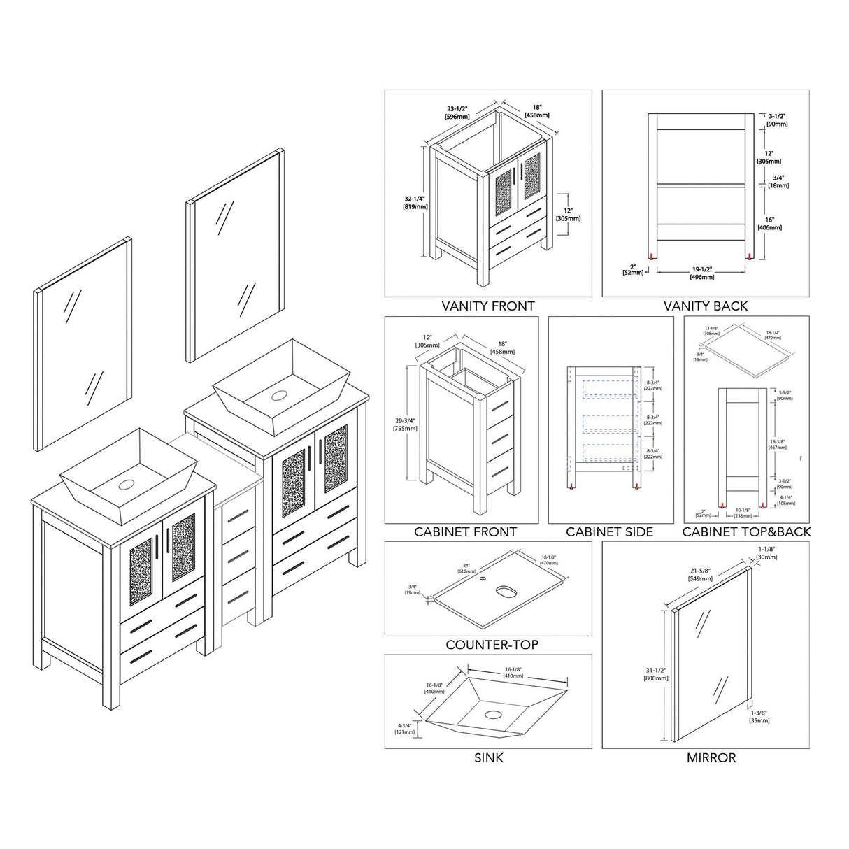 Blossom Sydney 60" Metal Gray Freestanding Vanity Set With Ceramic Vessel Single Sink and Mirror