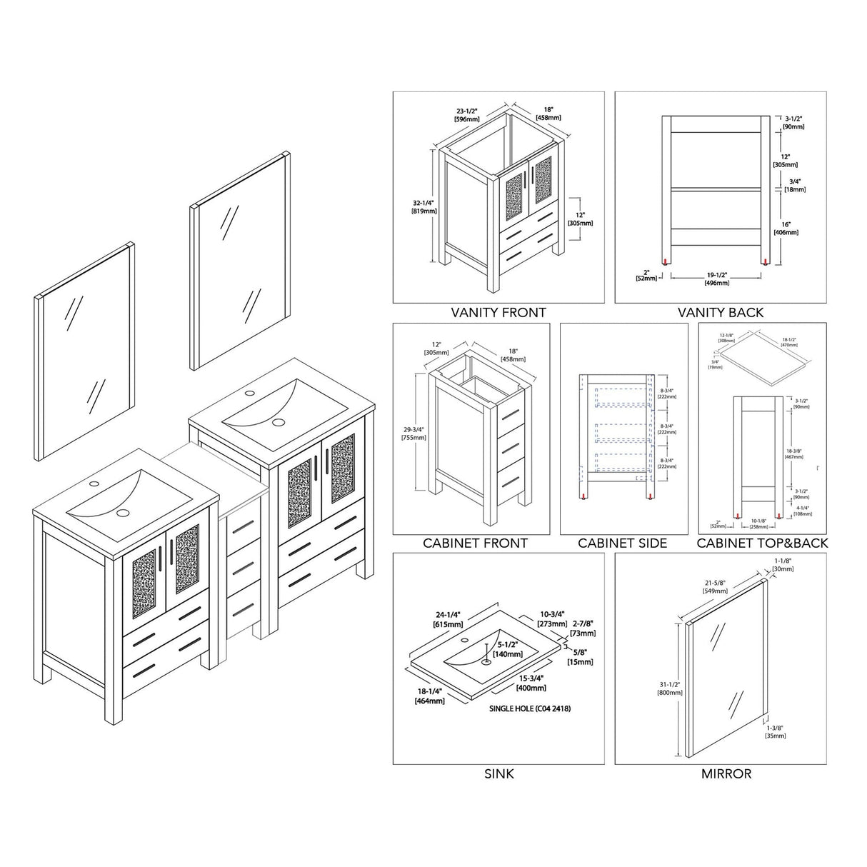 Blossom Sydney 60" White Freestanding Vanity Set With Integrated Double Sink Ceramic Top, Mirror and Side Cabinet