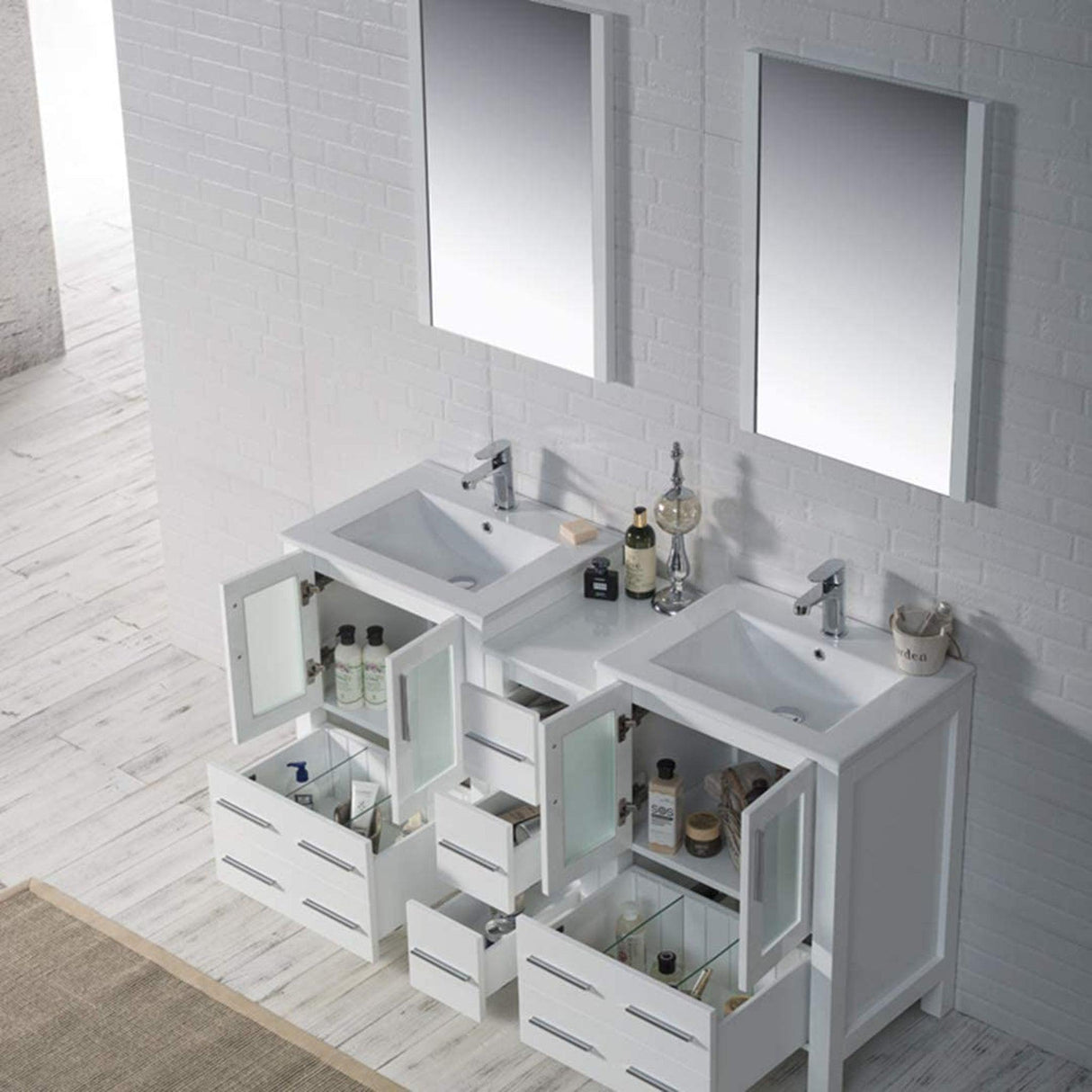 Blossom Sydney 60" White Freestanding Vanity Set With Integrated Double Sink Ceramic Top and Side Cabinet