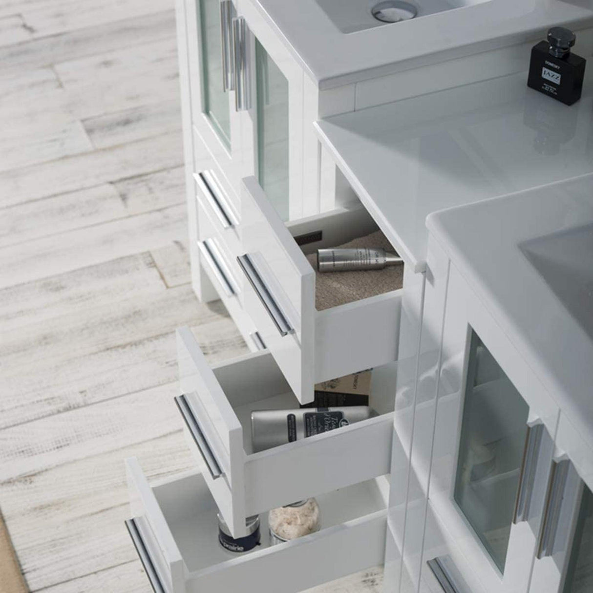 Blossom Sydney 60" White Freestanding Vanity Set With Integrated Double Sink Ceramic Top and Side Cabinet