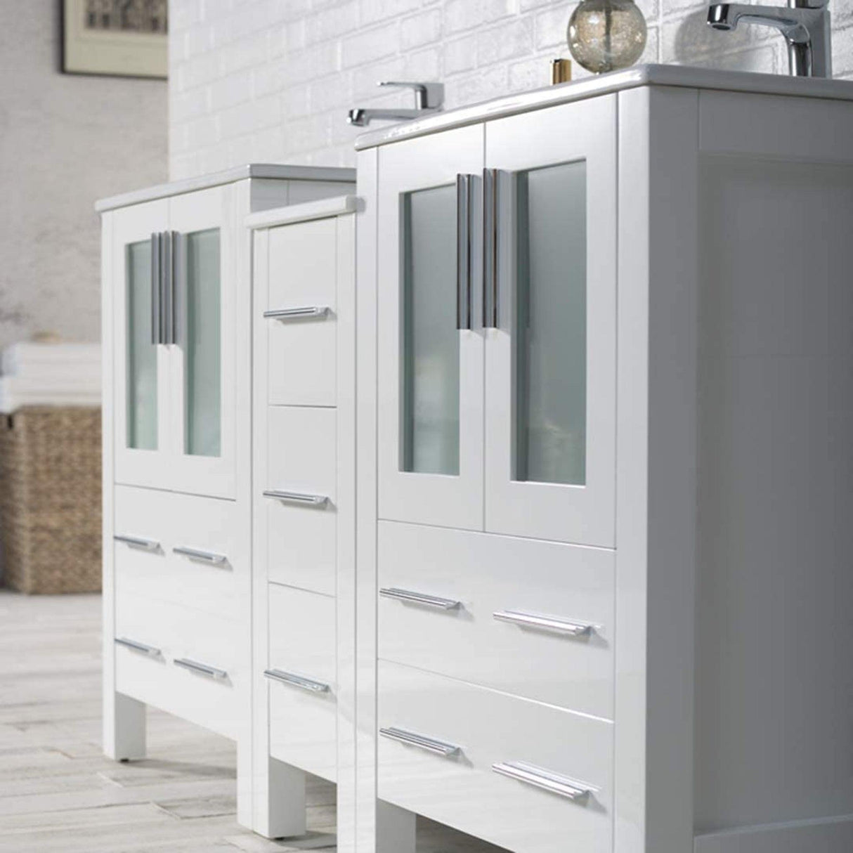 Blossom Sydney 60" White Freestanding Vanity Set With Integrated Double Sink Ceramic Top and Side Cabinet