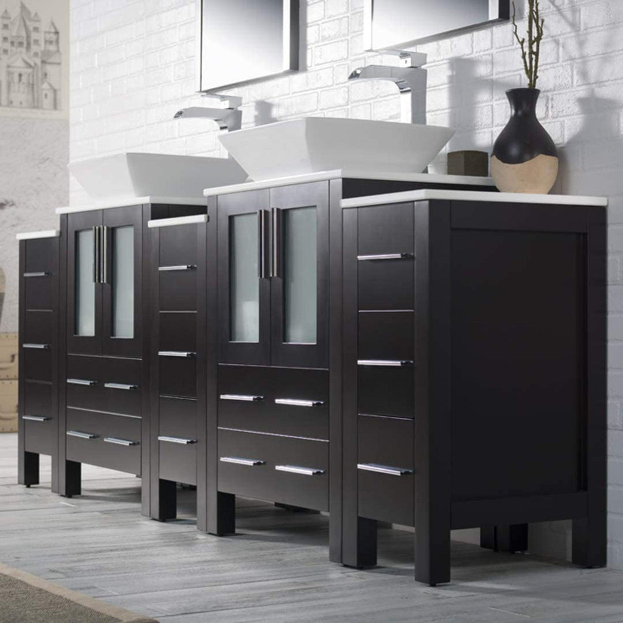 Blossom Sydney 84" Espresso Freestanding Vanity With Ceramic Double Vessel Sinks, Mirror and Three Side Cabinet