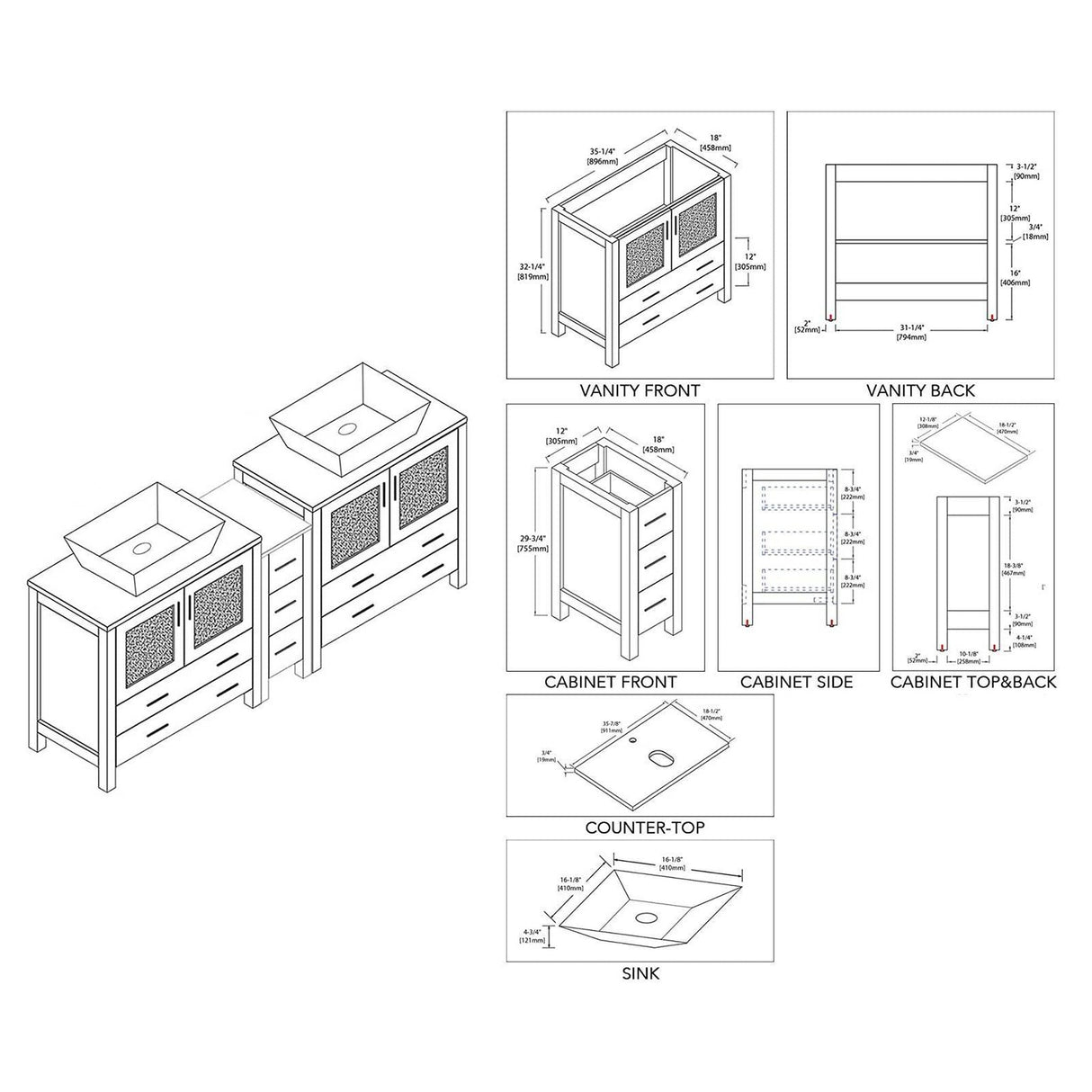 Blossom Sydney 84" Metal Gray Freestanding Vanity Set With Ceramic Double Vessel Sinks