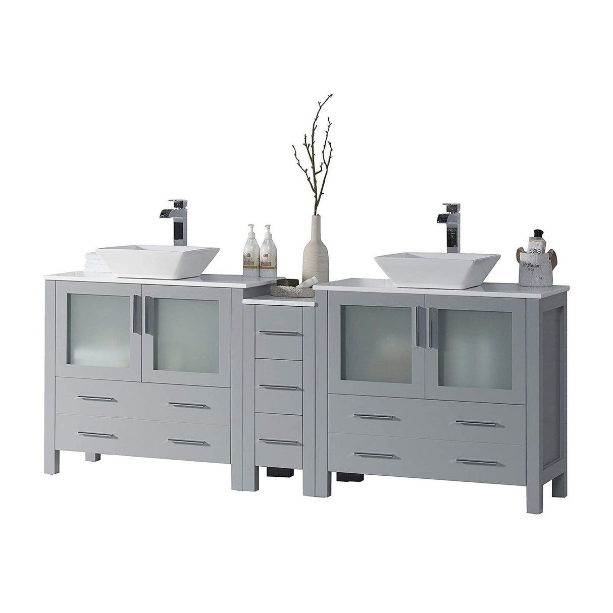 Blossom Sydney 84" Metal Gray Freestanding Vanity Set With Ceramic Double Vessel Sinks