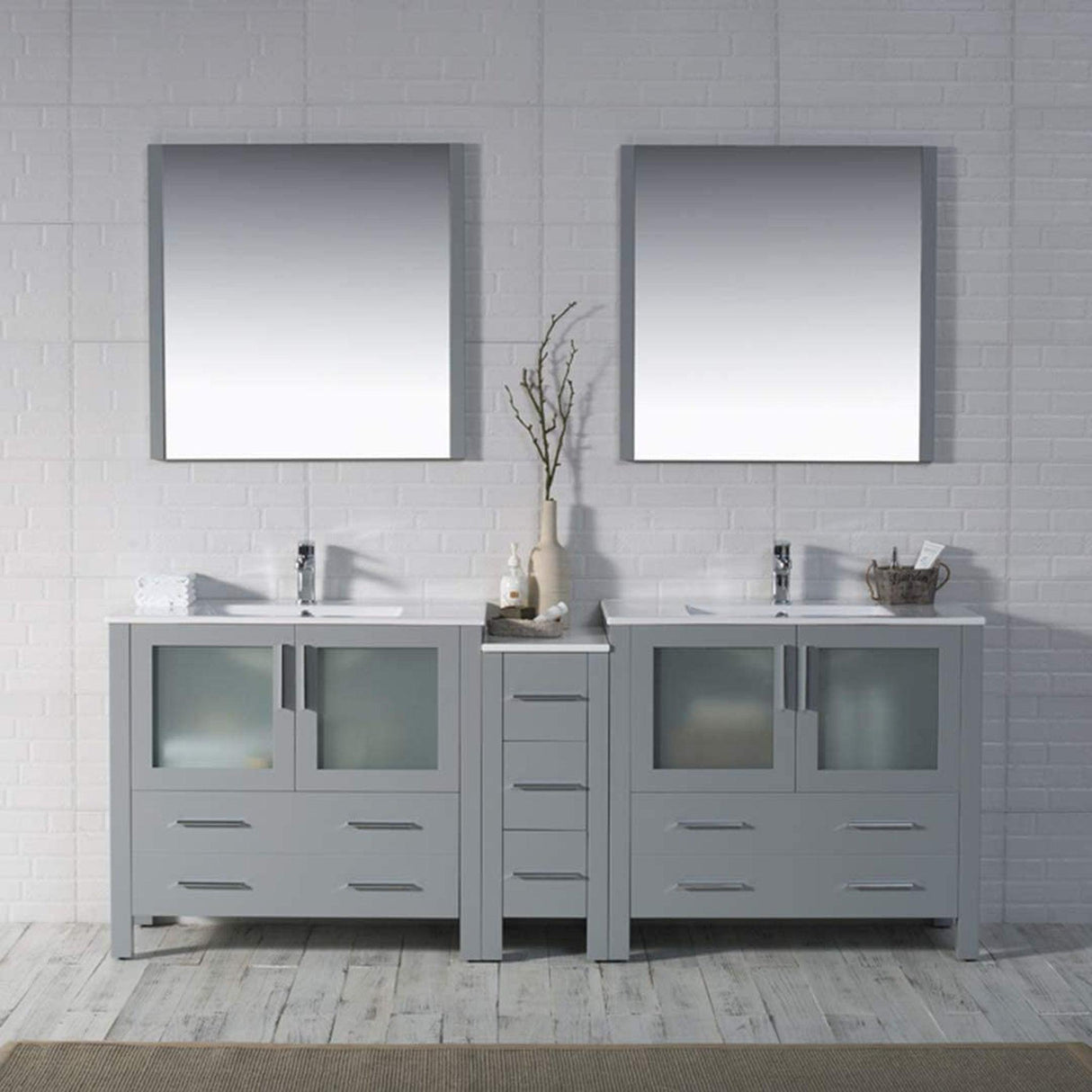 Blossom Sydney 84" Metal Gray Freestanding Vanity Set With Ceramic Top and Integrated Double Sinks