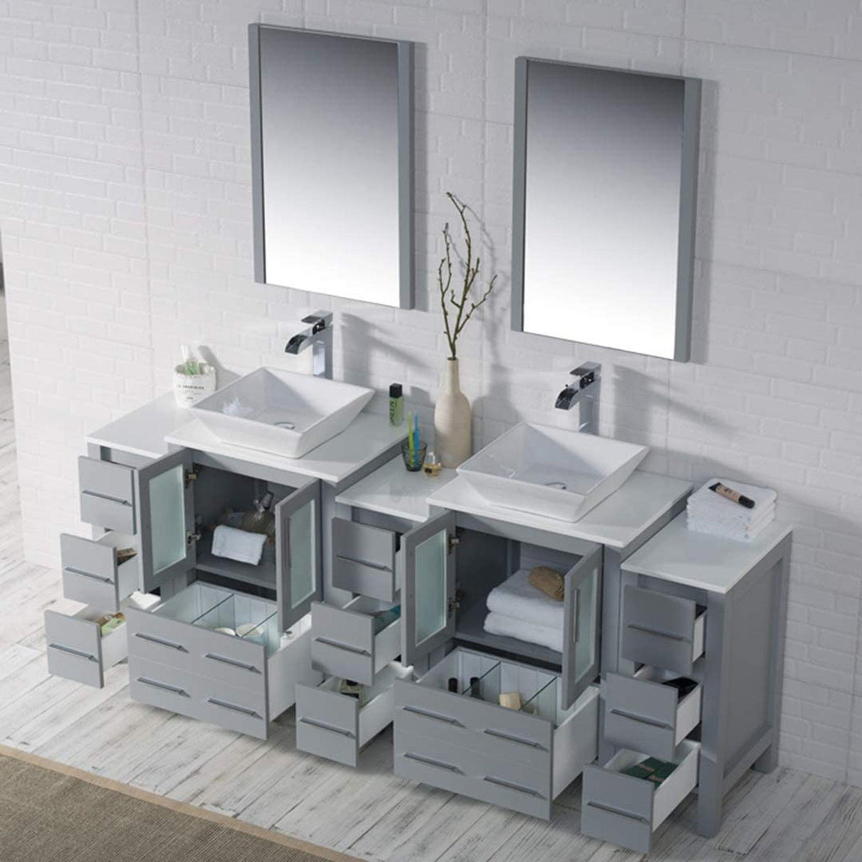 Blossom Sydney 84" Metal Gray Freestanding Vanity With Ceramic Double Vessel Sinks, Mirror and Three Side Cabinet