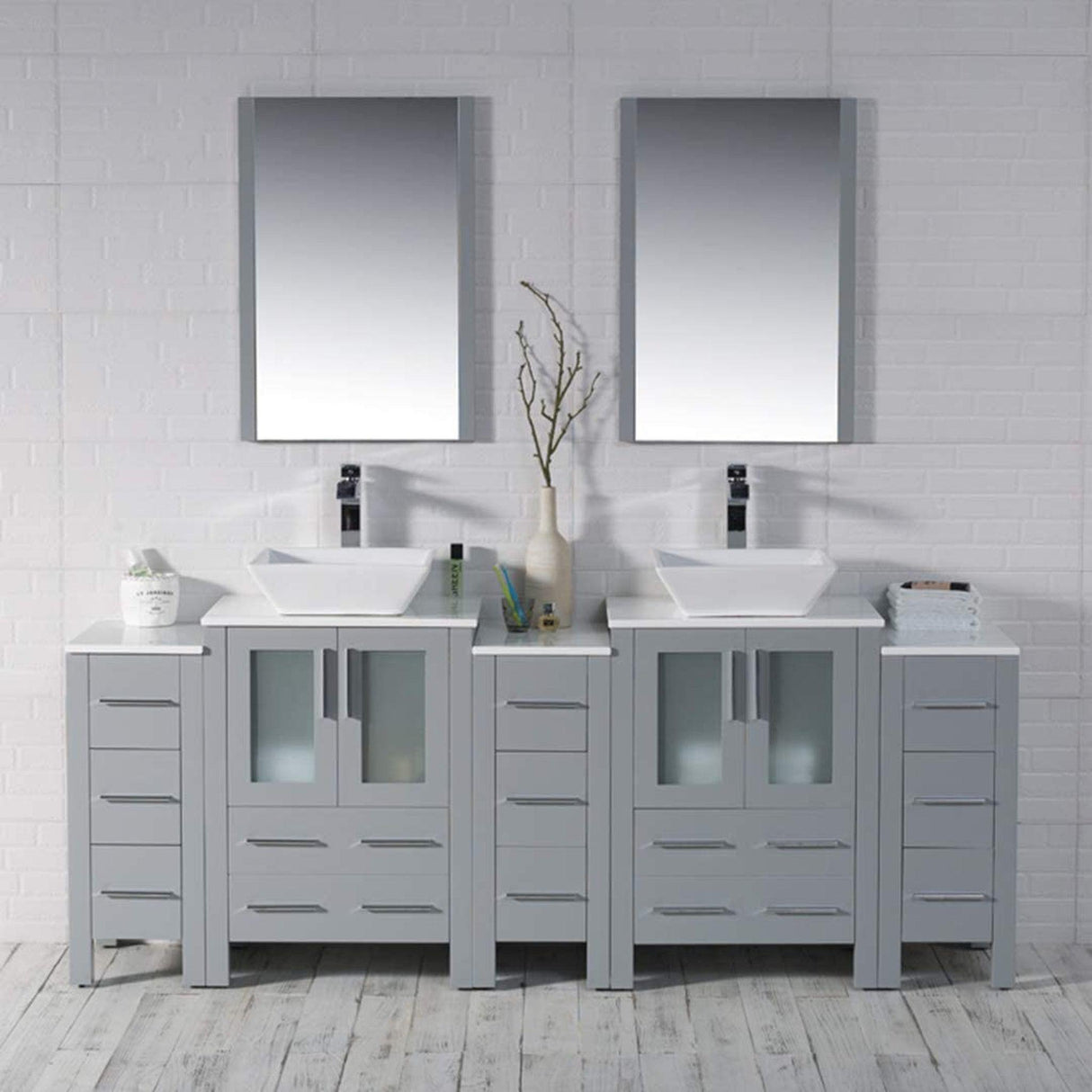 Blossom Sydney 84" Metal Gray Freestanding Vanity With Ceramic Double Vessel Sinks and Three Side Cabinet