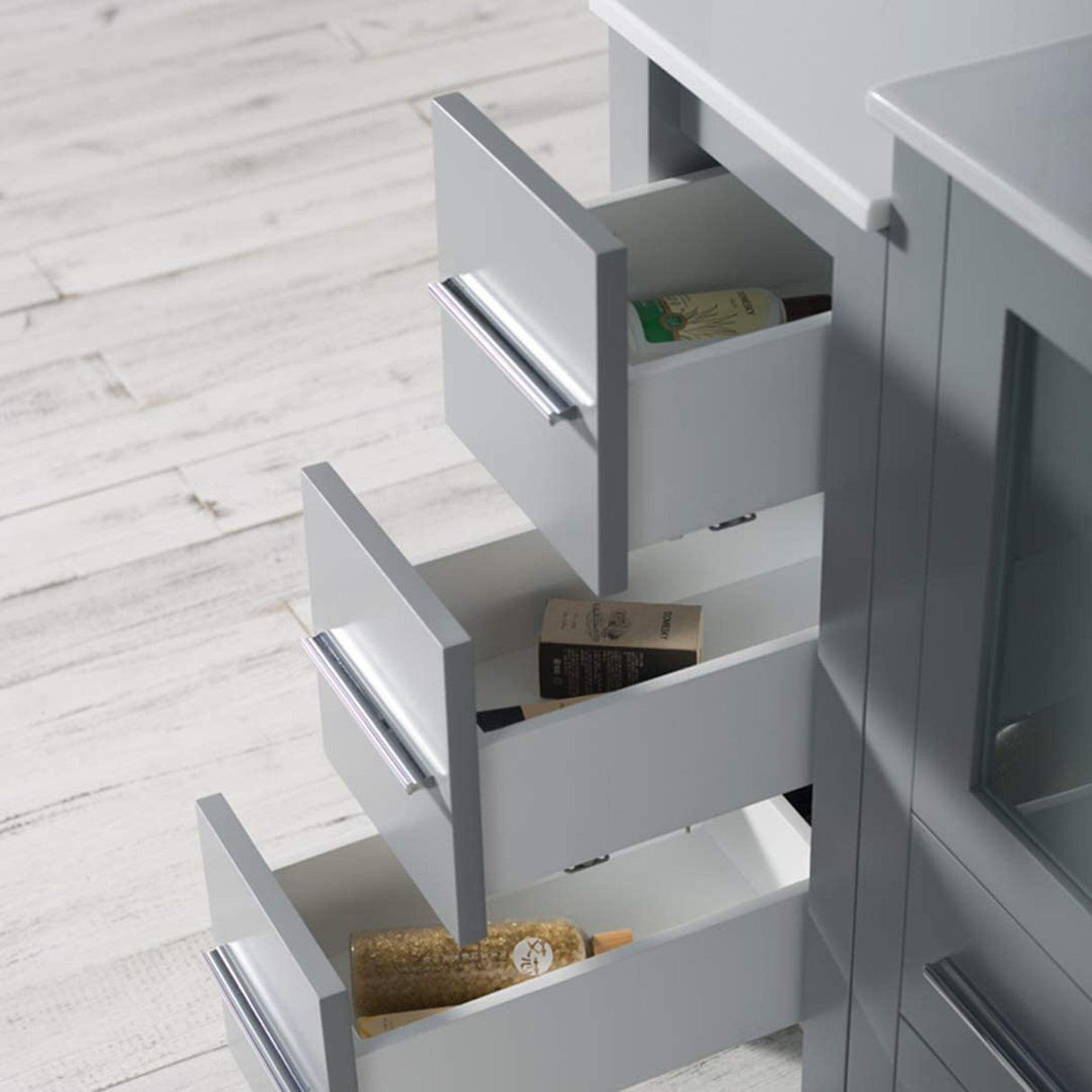 Blossom Sydney 84" Metal Gray Freestanding Vanity With Ceramic Top, Integrated Double Sinks, Mirror and Three Side Cabinet