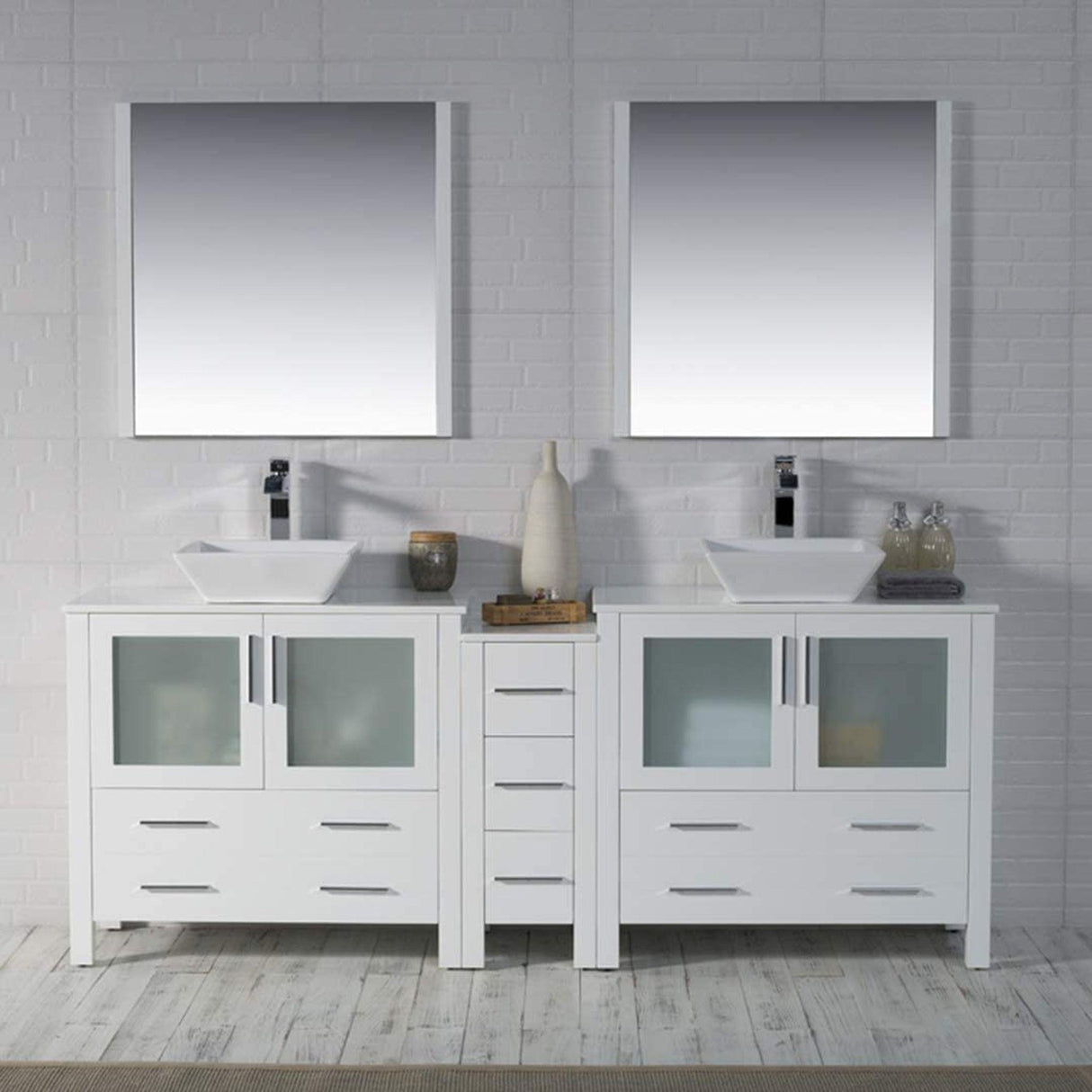 Blossom Sydney 84" White Freestanding Vanity Set With Ceramic Double Vessel Sinks and Mirror