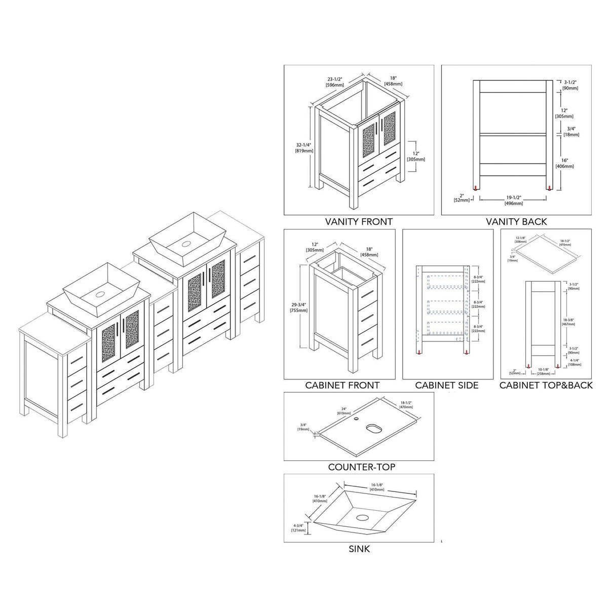 Blossom Sydney 84" White Freestanding Vanity With Ceramic Double Vessel Sinks and Three Side Cabinet