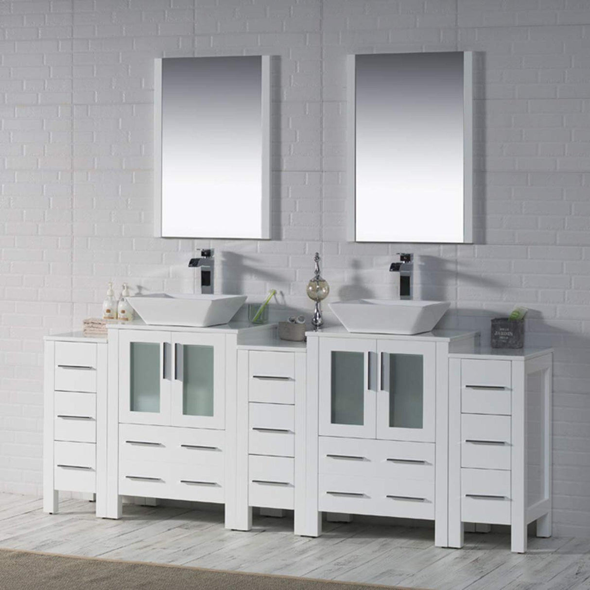 Blossom Sydney 84" White Freestanding Vanity With Ceramic Double Vessel Sinks and Three Side Cabinet