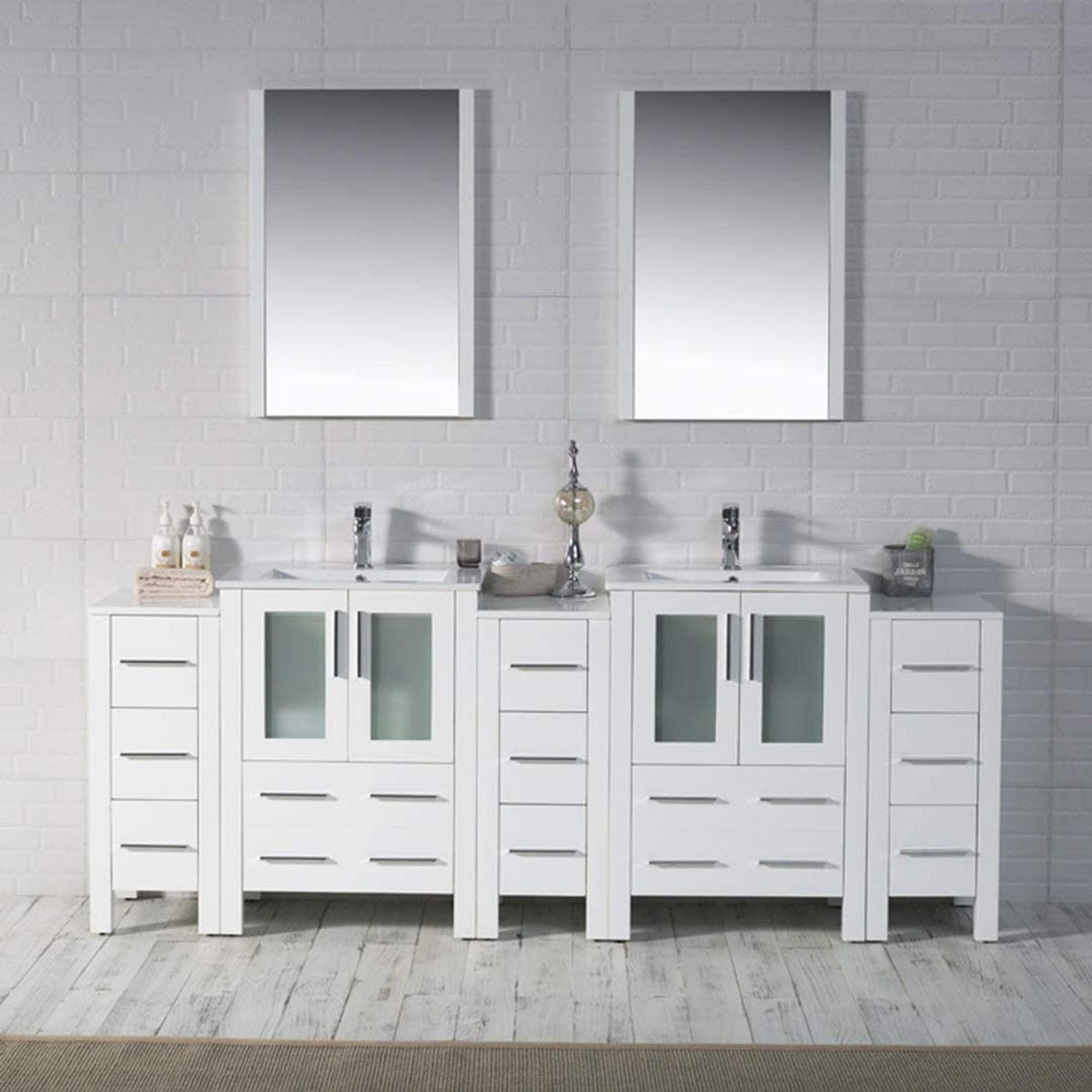 Blossom Sydney 84" White Freestanding Vanity With Integrated Double Sinks Ceramic Top and Three Side Cabinet
