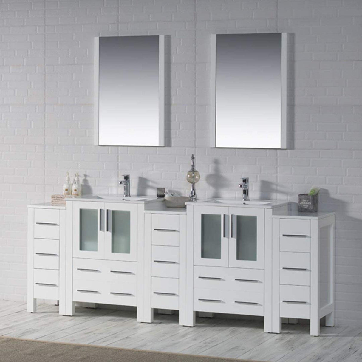 Blossom Sydney 84" White Freestanding Vanity With Integrated Double Sinks Ceramic Top and Three Side Cabinet