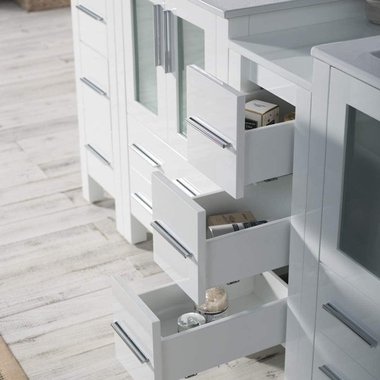 Blossom Sydney 84" White Freestanding Vanity With Integrated Double Sinks Ceramic Top and Three Side Cabinet