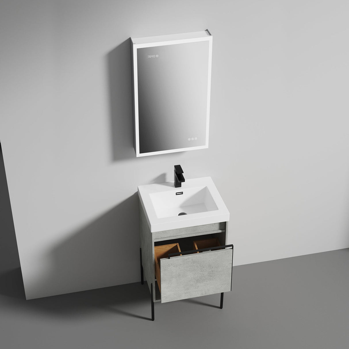 Blossom Turin 20" 1-Drawer Plain Cement Freestanding Single Vanity Base With Open Shelf, Handle and Legs