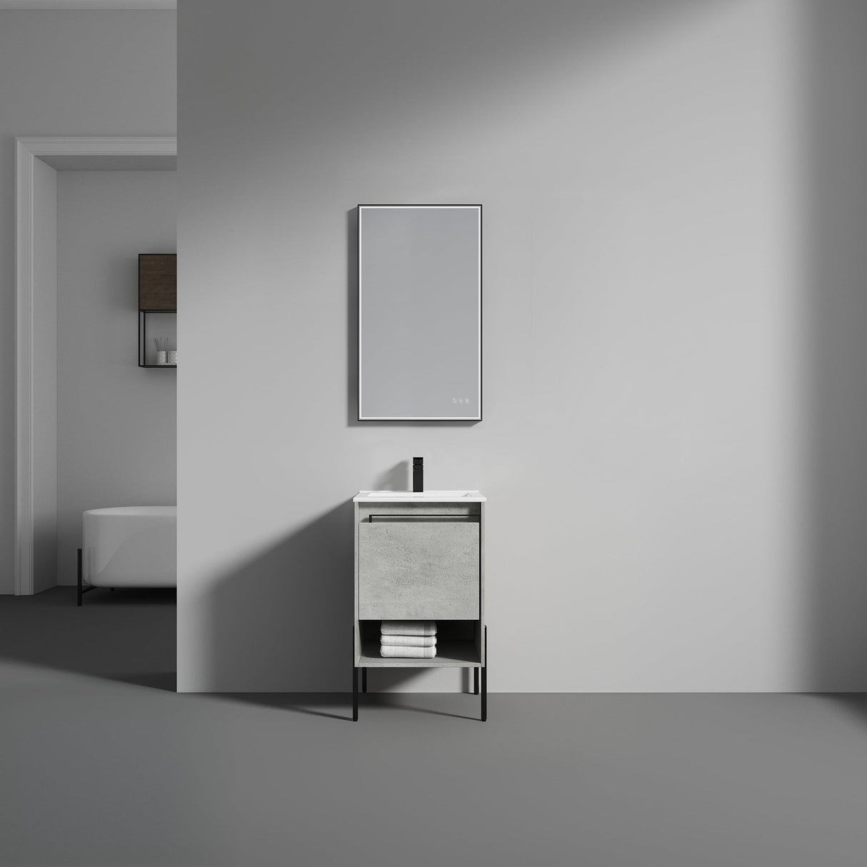 Blossom Turin 20" 1-Drawer Plain Cement Freestanding Single Vanity Base With Open Shelf, Handle and Legs