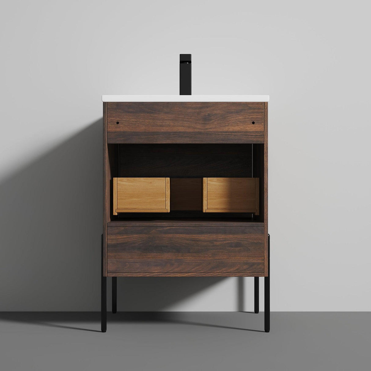 Blossom Turin 24" 1-Drawer Cali Walnut Freestanding Single Vanity Base With Open Shelf, Handle and Legs