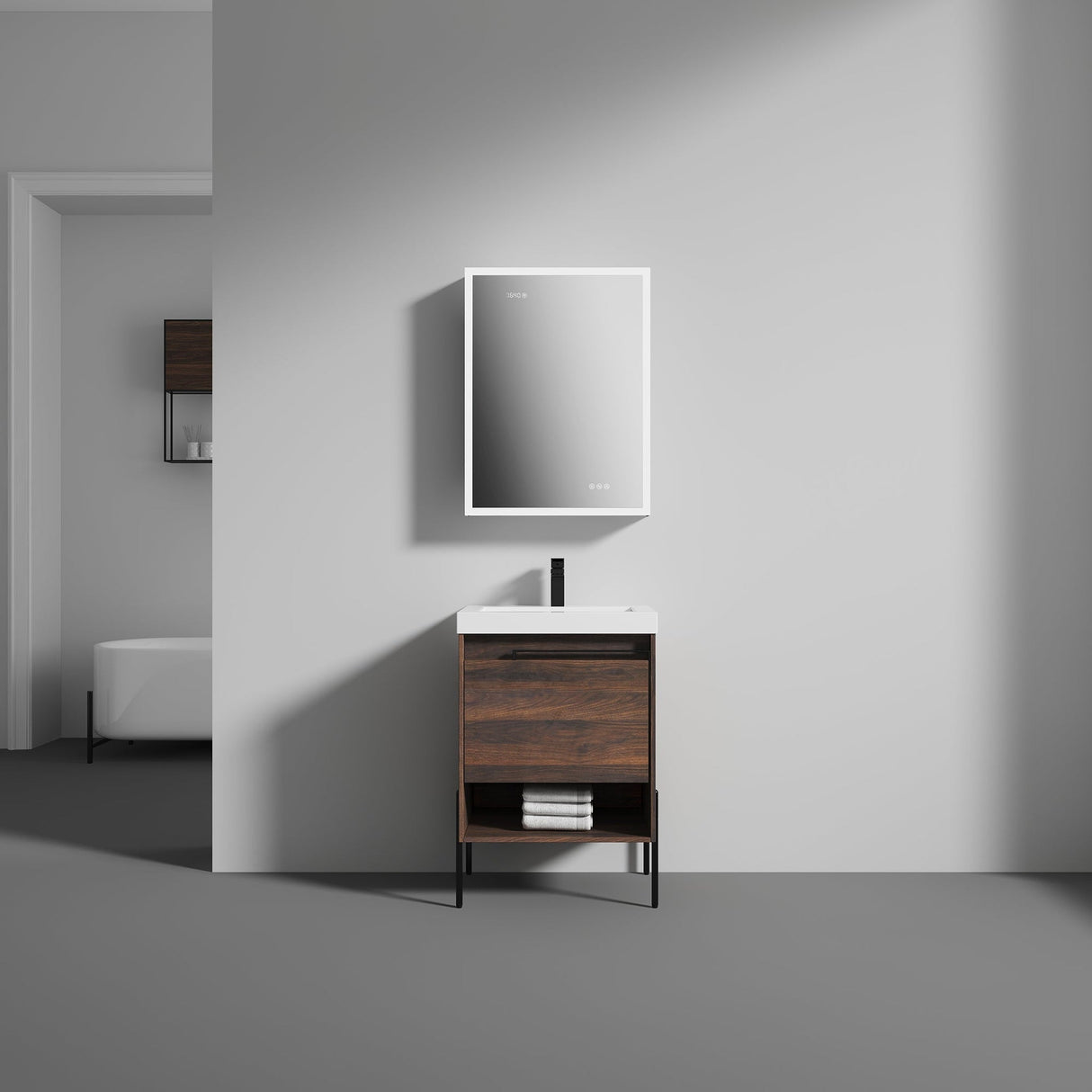 Blossom Turin 24" 1-Drawer Cali Walnut Freestanding Single Vanity Base With Open Shelf, Handle and Legs
