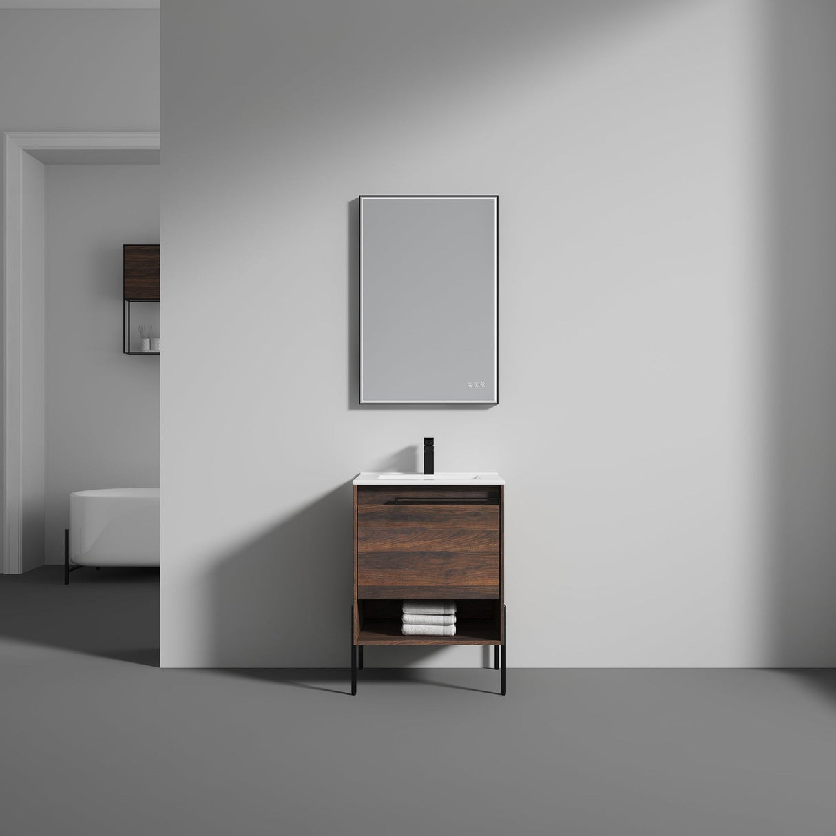 Blossom Turin 24" 1-Drawer Cali Walnut Freestanding Single Vanity Base With Open Shelf, Handle and Legs