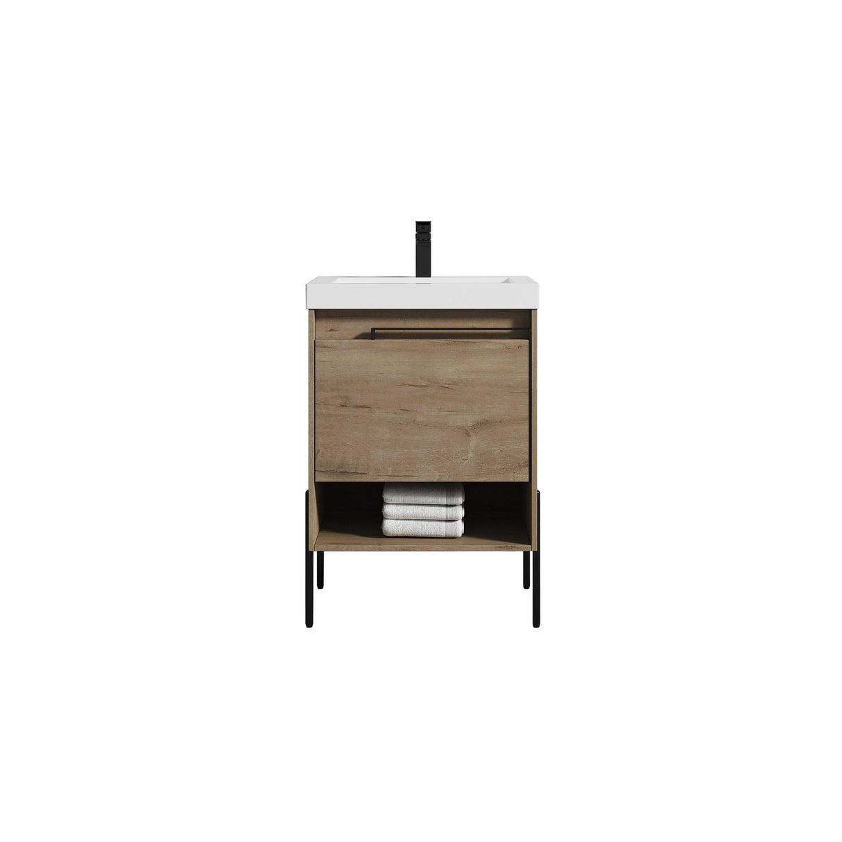 Blossom Turin 24" 1-Drawer Classic Oak Freestanding Single Vanity Base With Open Shelf, Handle and Legs