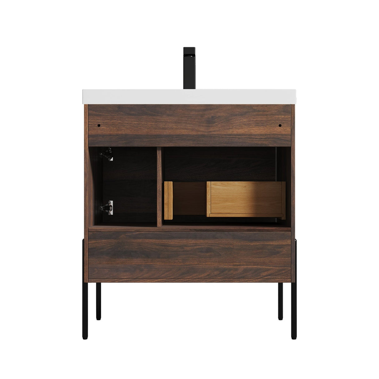 Blossom Turin 30" 1-Door 1-Drawer Cali Walnut Freestanding Single Vanity Base With Open Shelf, Handle and Legs