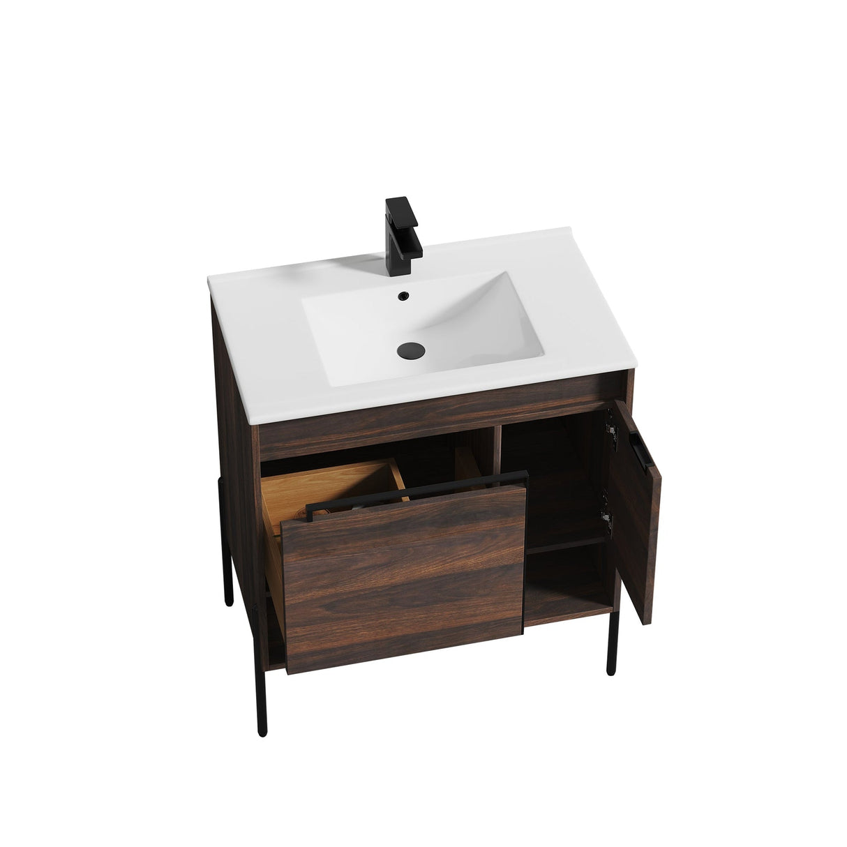 Blossom Turin 30" 1-Door 1-Drawer Cali Walnut Freestanding Single Vanity Base With Open Shelf, Handle and Legs