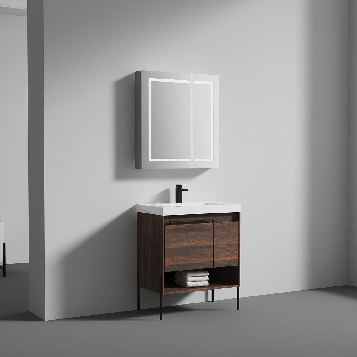 Blossom Turin 30" 1-Door 1-Drawer Cali Walnut Freestanding Single Vanity Base With Open Shelf, Handle and Legs