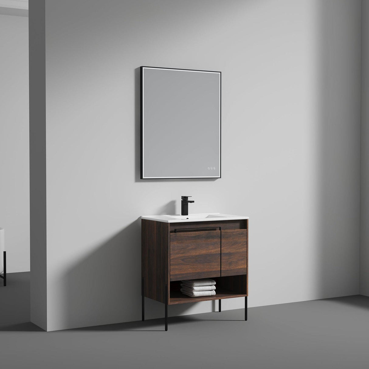 Blossom Turin 30" 1-Door 1-Drawer Cali Walnut Freestanding Single Vanity Base With Open Shelf, Handle and Legs