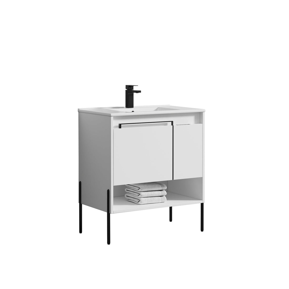 Blossom Turin 30" 1-Door 1-Drawer Matte White Freestanding Single Vanity Base With Open Shelf, Handle and Legs