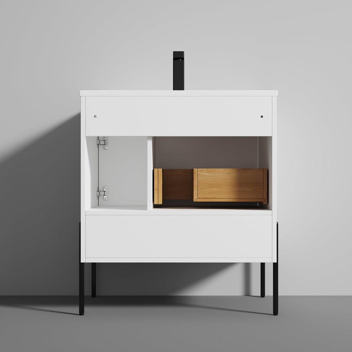 Blossom Turin 30" 1-Door 1-Drawer Matte White Freestanding Single Vanity Base With Open Shelf, Handle and Legs