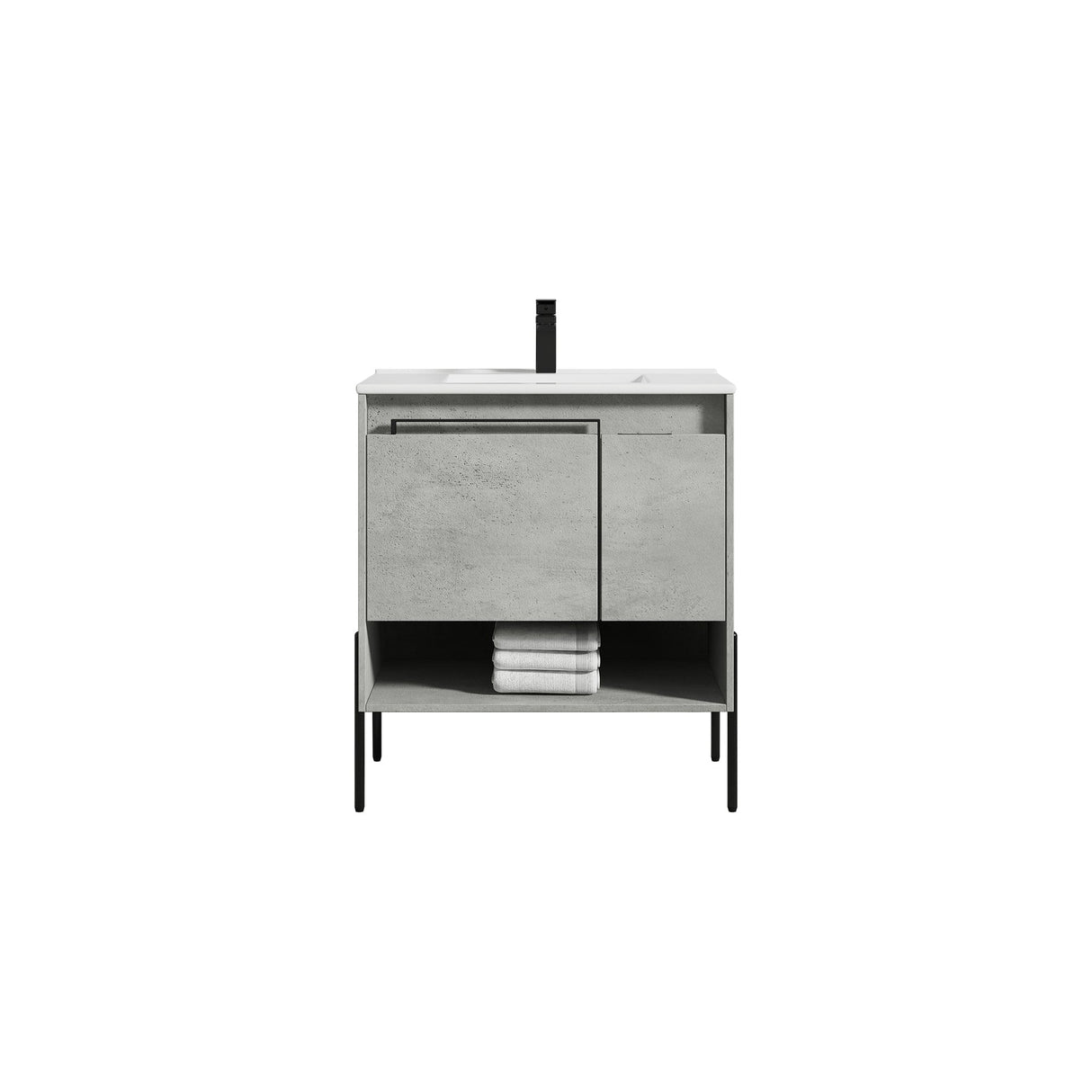 Blossom Turin 30" 1-Door 1-Drawer Plain Cement Freestanding Single Vanity Base With Open Shelf, Handle and Legs