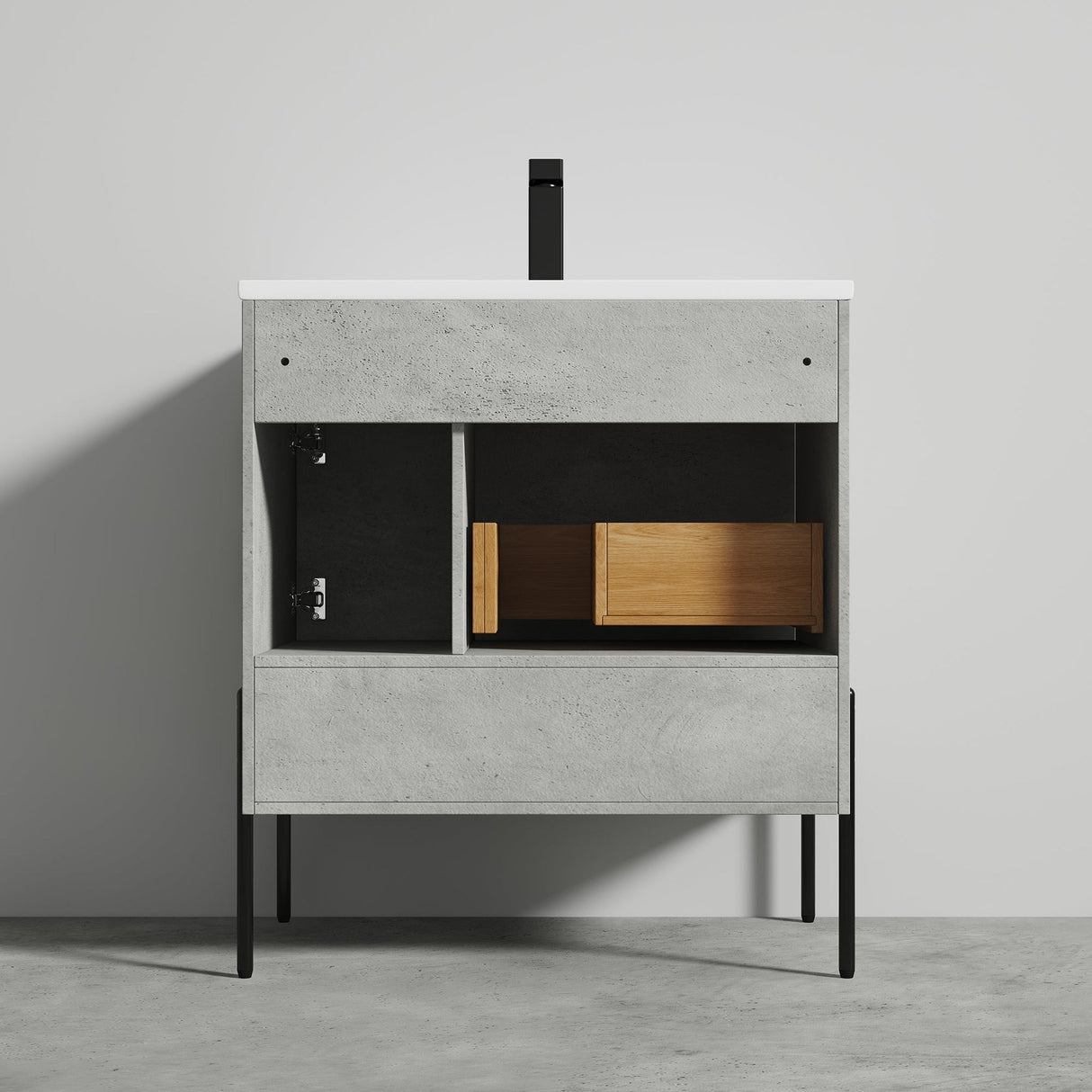 Blossom Turin 30" 1-Door 1-Drawer Plain Cement Freestanding Single Vanity Base With Open Shelf, Handle and Legs