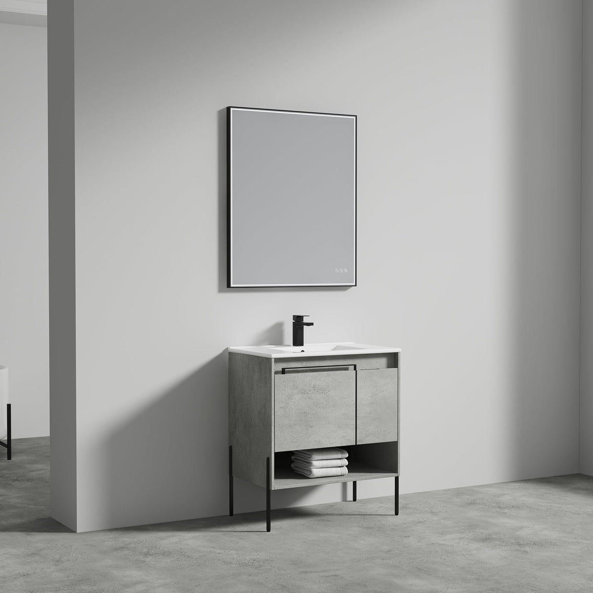 Blossom Turin 30" 1-Door 1-Drawer Plain Cement Freestanding Single Vanity Base With Open Shelf, Handle and Legs