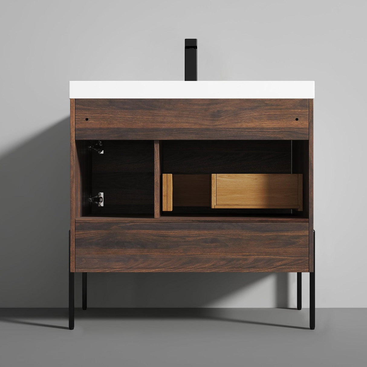 Blossom Turin 36" 1-Door 1-Drawer Cali Walnut Freestanding Single Vanity Base With Open Shelf, Handle and Legs