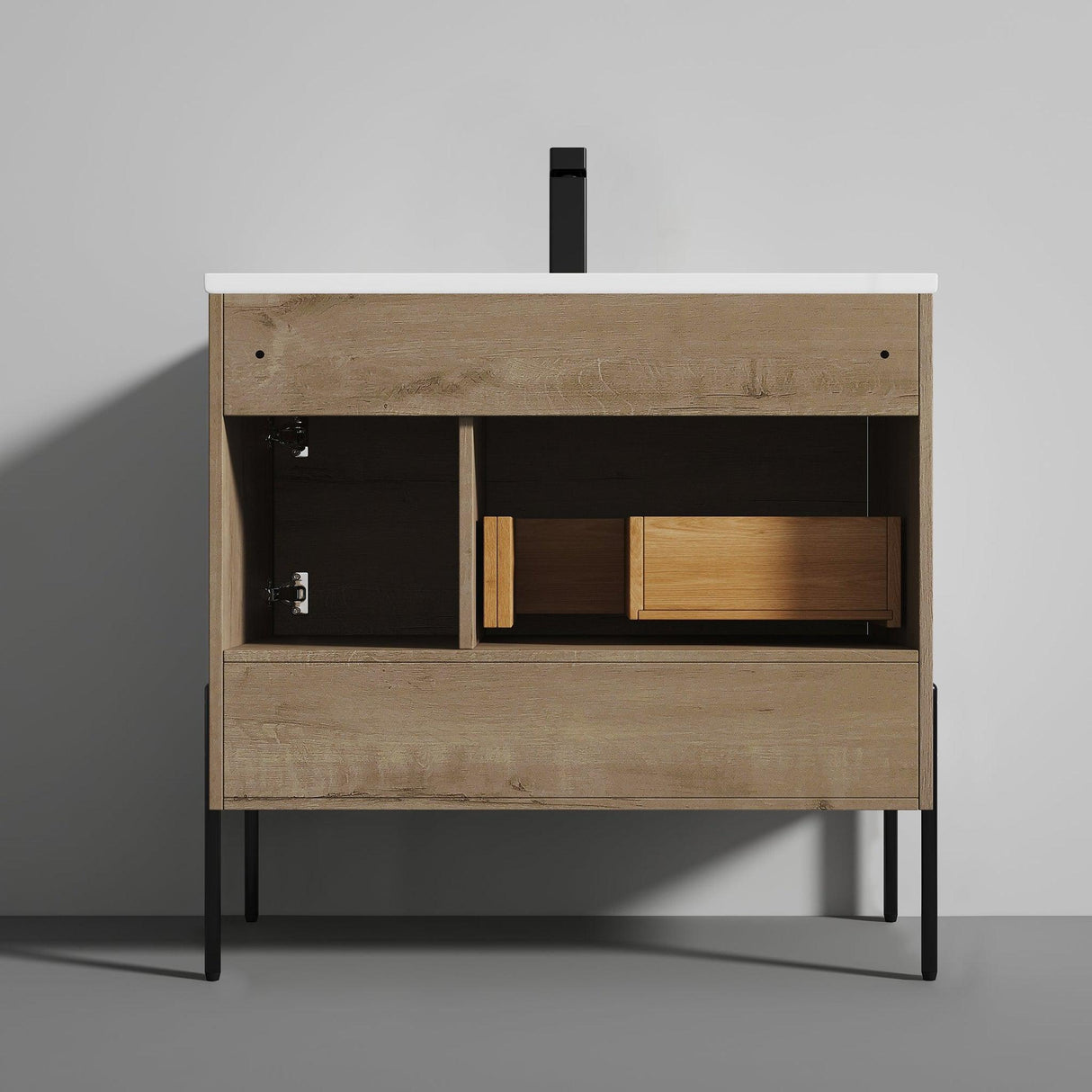 Blossom Turin 36" 1-Door 1-Drawer Classic Oak Freestanding Single Vanity Base With Open Shelf, Handle and Legs