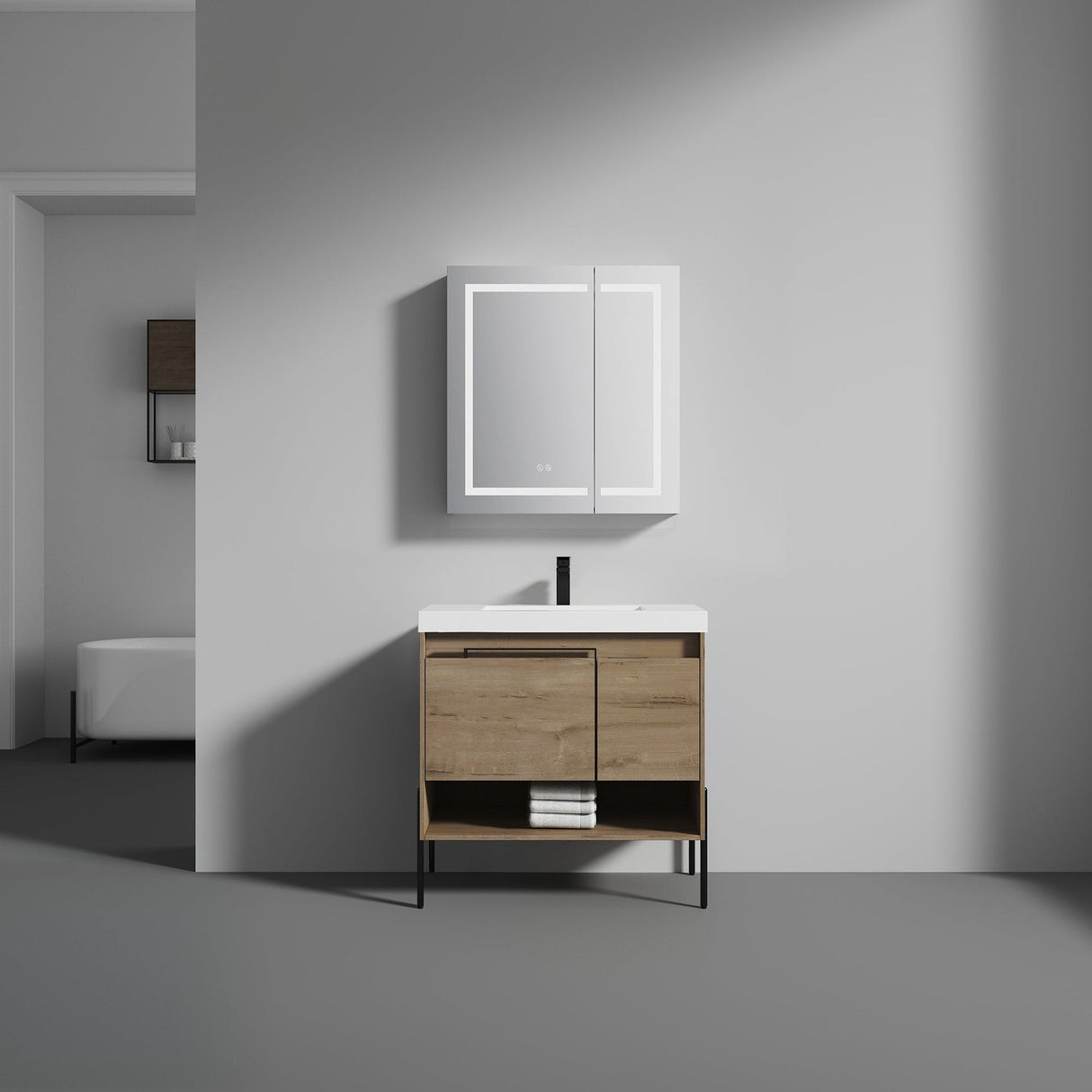 Blossom Turin 36" 1-Door 1-Drawer Classic Oak Freestanding Single Vanity Base With Open Shelf, Handle and Legs