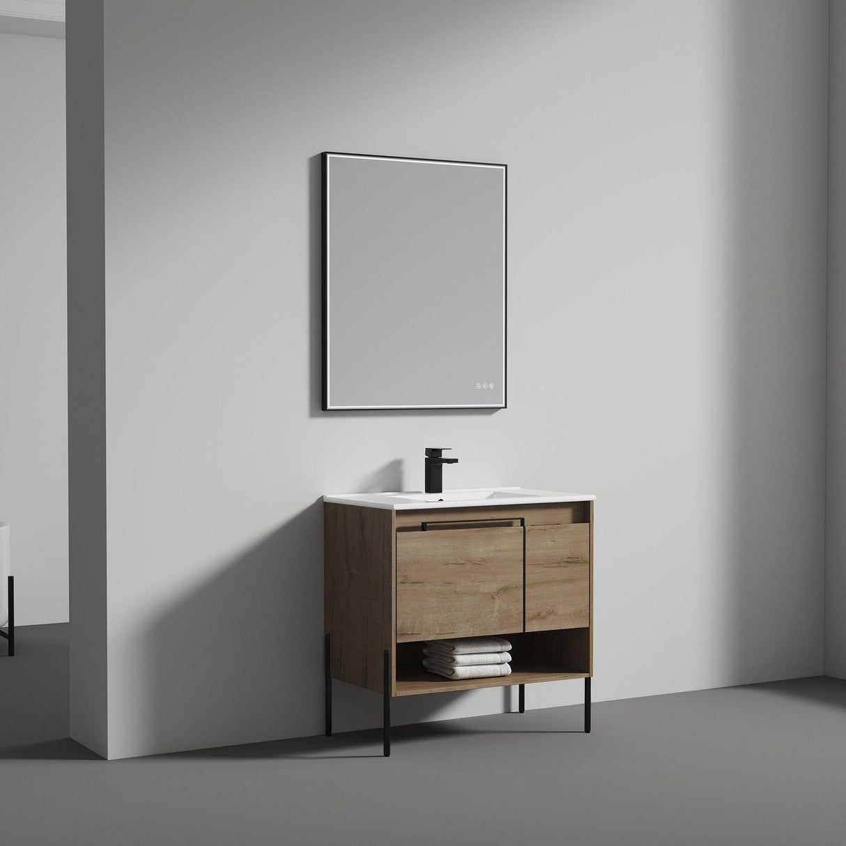 Blossom Turin 36" 1-Door 1-Drawer Classic Oak Freestanding Single Vanity Base With Open Shelf, Handle and Legs