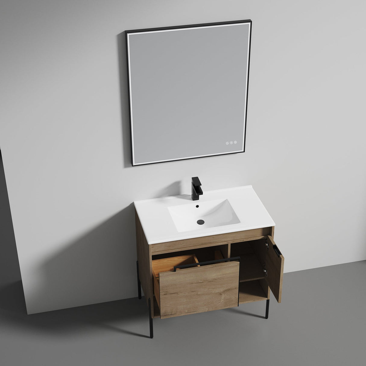 Blossom Turin 36" 1-Door 1-Drawer Classic Oak Freestanding Single Vanity Base With Open Shelf, Handle and Legs
