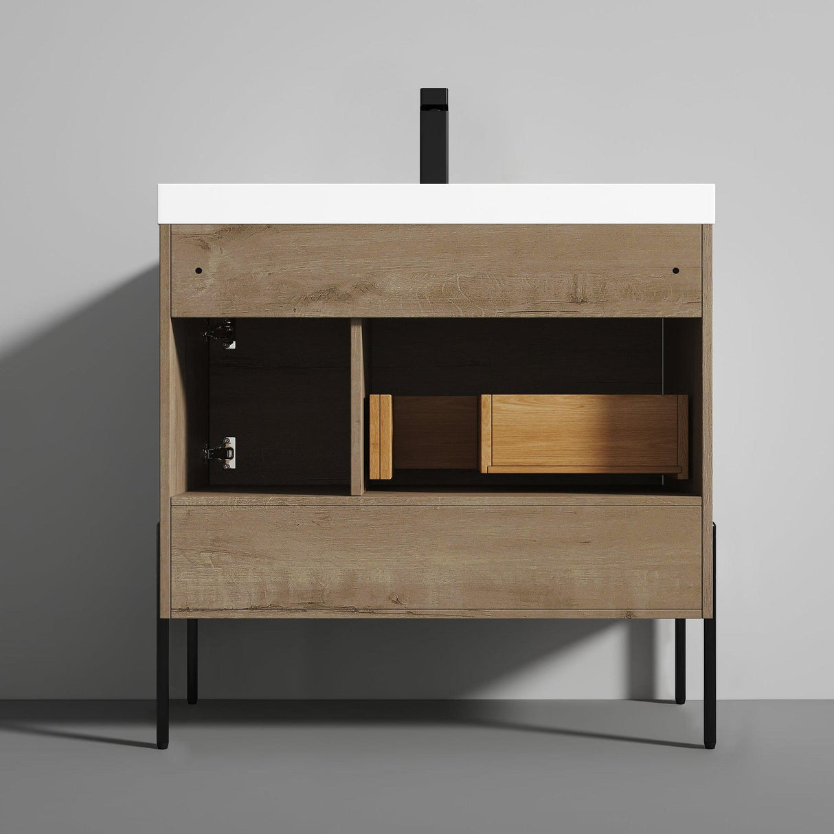 Blossom Turin 36" 1-Door 1-Drawer Classic Oak Freestanding Single Vanity Base With Open Shelf, Handle and Legs